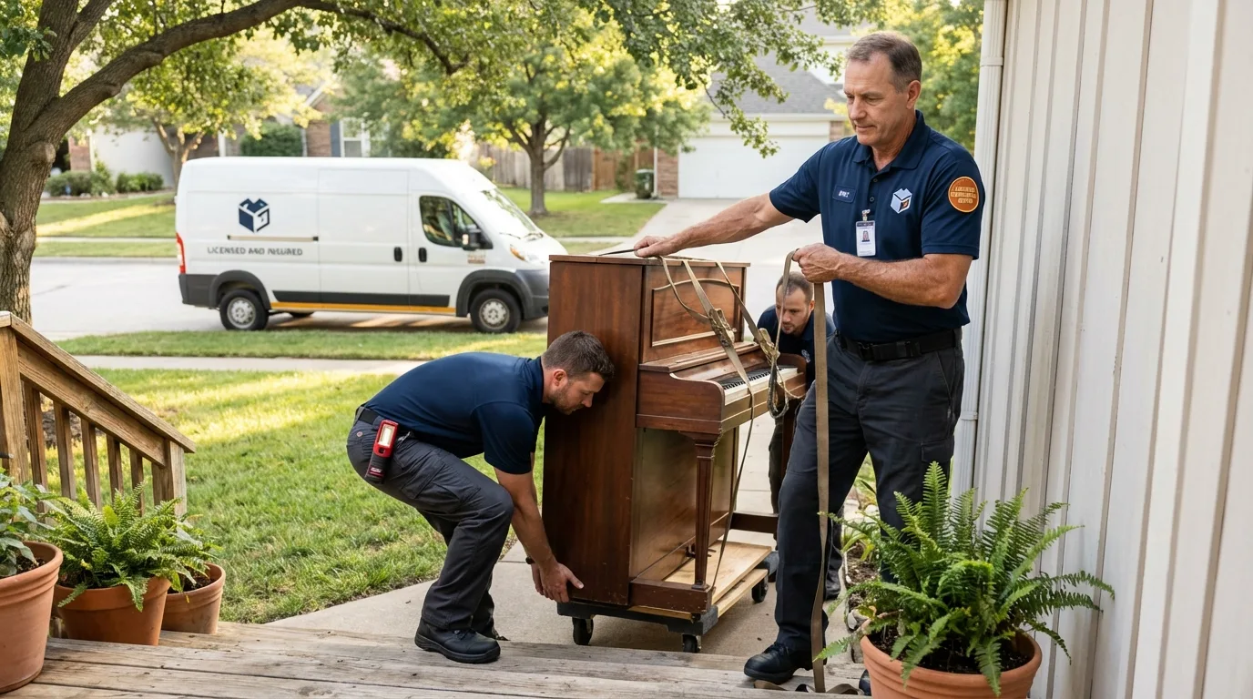 Licensed piano movers securing grand piano in East Prairie, MO