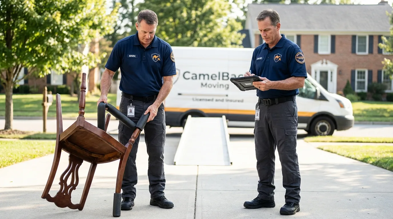 Movers inspecting furniture for damage prevention before loading in East Prairie, MO