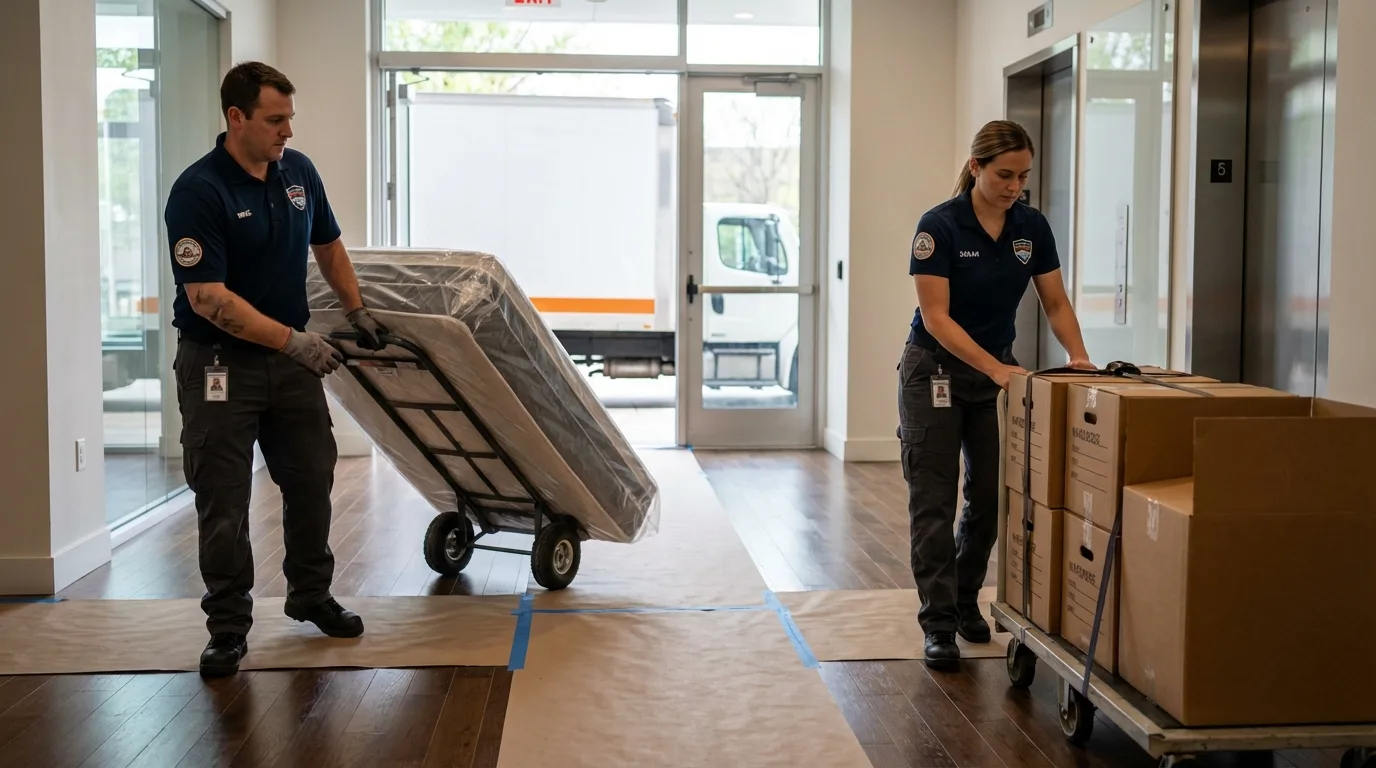 Professional apartment movers loading elevator in East Prairie, MO