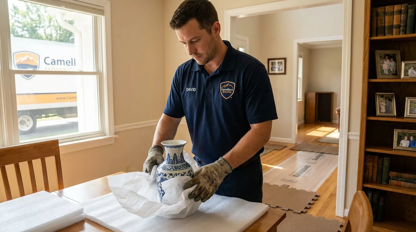 Professional crew carefully wrapping antique vase for senior downsizing move in East Prairie, MO